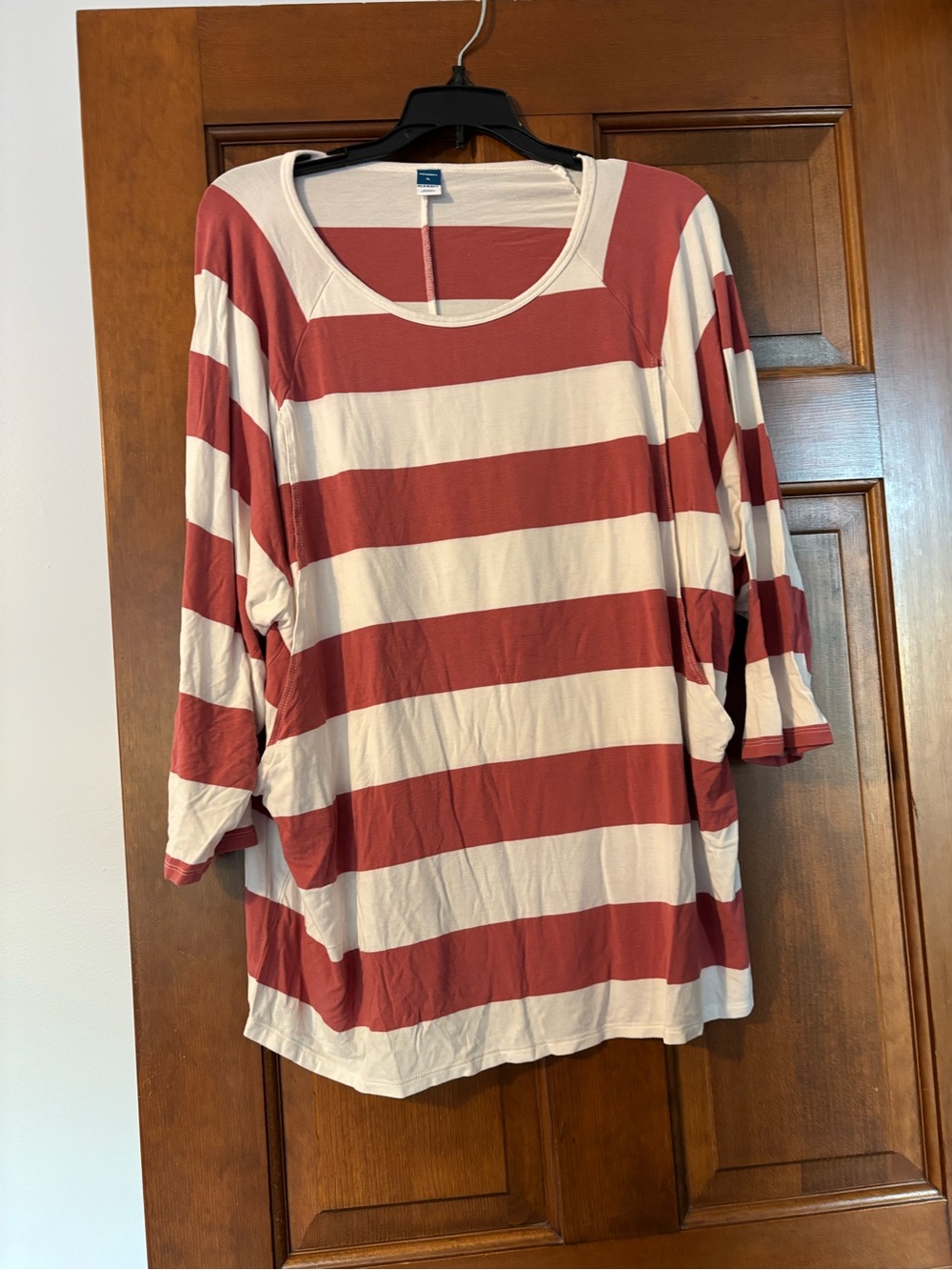 Women's Red and Cream maternity Striped Scoop Neck Top
